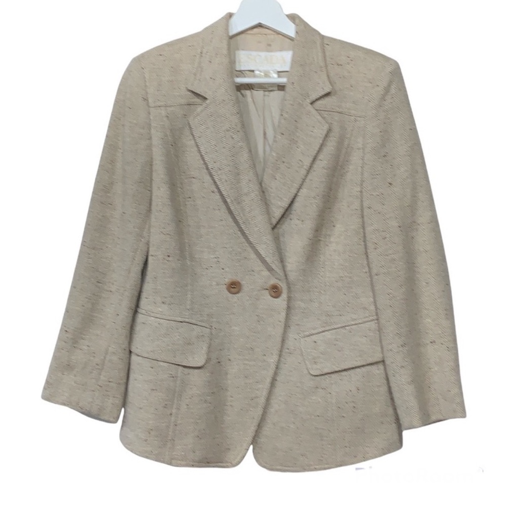 Escada Cashmere Old Money Wool Blazer Herringbone Tweed Oatmeal Ecru Tan Sz 36 - Picture 9 of 9
